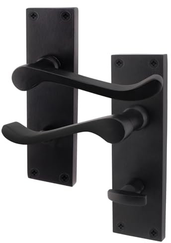 EAI Black Victorian Scroll Bathroom Door Handles | 1 Pair of Matt Black Internal Lever Handles on Backplate