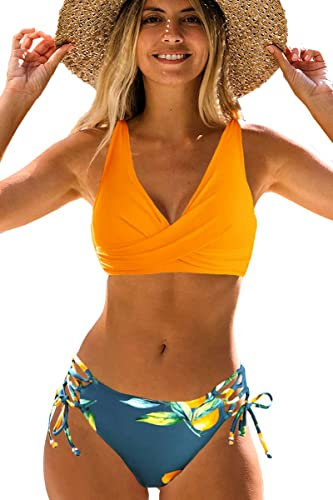 NLAND Costume da Bagno Donna Due Pezzi Push up Scollo a V Bikini Set Strappy Imbottito Reggiseno Backless Swimwear Spiaggia Mare Beachwear(Giallo,M)