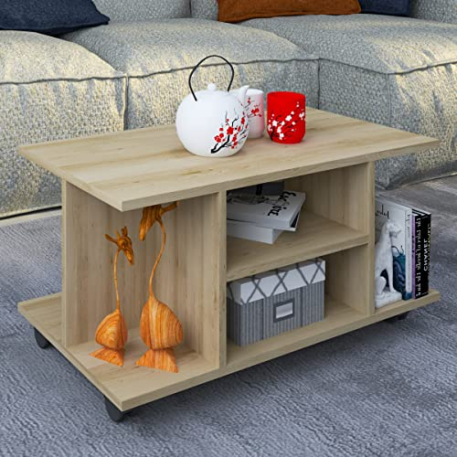 VCM Holz Couchtisch | Sofatisch mit ausreichend Stauraum | Maße ca. H. 40 x B. 80 x T. 40 cm | Wohnzimmertisch rollbar - Findula Sonoma-Eiche