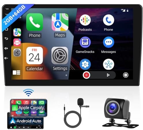 Hodozzy 10,1 Pollici Autoradio Android 2GB+64GB Wireless Carplay Android Auto, Stereo Touchscreen 2 Din GPS Bluetooth Wifi Hifi Radio FM RDS, Lettore Multimedia Radio con Telecamera Posteriore