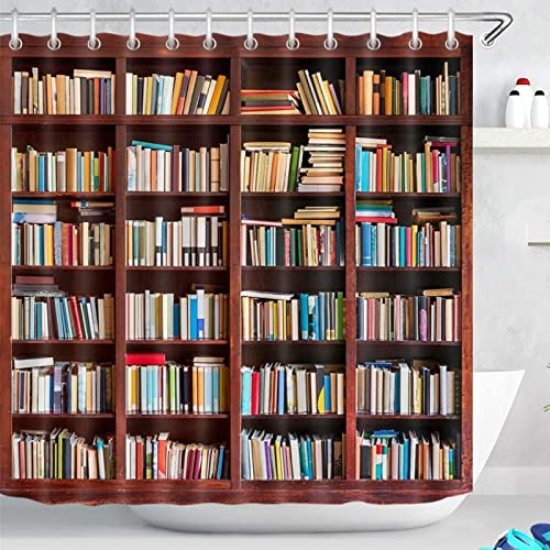 Duschvorhang 120x180 Bibliothek Bücherregal Duschvorhang Bücherregal Studieren Badezimmer Vorhang Antischimmel Wasserdicht 3D Effekt Duschvorhänge für Badewannen Textil Polyester Stoff mit Haken