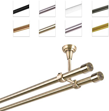 MDEKOR Gardinenstange 180 cm 2-läufig | Vorhangstange für die Deckenmontage Antik Gold aus Metall | Gardinenstangenset Ø 19mm