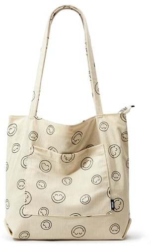KALIDI Cord Tasche Damen Umhängetasche mit Reißverschluss Wasserdicht Tote Bag mit Taschenfach Groß Shopper Tasche Handtasche Schultertaschen für Arbeit Büro Reisen Einkaufen Schule (white)