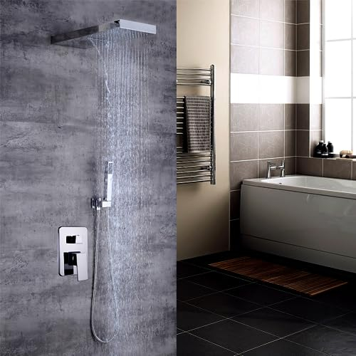 Set Completo per Doccia a Incasso Con Soffione a Pioggia e Cascata - Sistema Doccia in Acciaio Inox, Montaggio a Parete, Colore Argento Quadrato