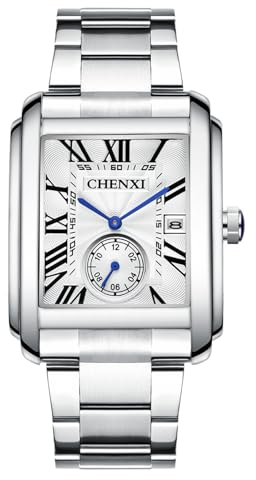 JewelryWe Uhren Herren Edelstahl Herrenuhr: 30 Wasserdicht Datum Kalender Analog Quarz Armbanduhr Männer Edelstahl Armband Uhr mit Weiß Rechteckigem Römischen Ziffern Zifferblatt