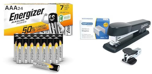 Energizer AAA Batteries, Alkaline Power, 24 Pack, Triple A Battery Pack - Amazon Exclusive & Rapesco 1471 Germ-Savvy Antibacterial, Marlin Stapler, R4 Staple Remover & 5000 26/6 mm Staples