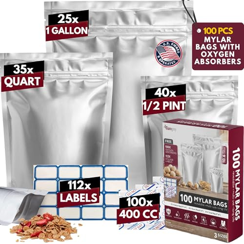 50pcs Mylar Bags for Food Storage - 10.6 Mil Thick 1 Size (50x1 Gallon), Resealable Bags with 50 Oxygen Absorbers & 64 Labels, Smell Proof & Heat Sealable