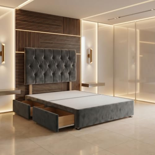Bed Centre Divan Bed Base with Headboard – 2FT6 Small Single | Charcoal Plush Fabric | No Drawers | Luxury Upholstered Headboard | Solid Platform Top | Multiple UK Made