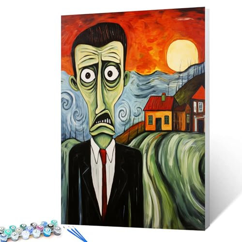 Malen nach Zahlen mit gruseligem Cartoon-Motiv, für Erwachsene, Herren, mit Anzug, Kunst, DIY, digitales Ölgemälde, Acrylfarbe, Holzhaus bei Sonnenuntergang, Malset, Leinwand, Schlafzimmer,