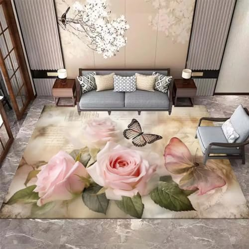 Teppich Kinderteppich Wohnzimmerteppich Schlafzimmerteppich 3D-Gedruckter Superweicher Flanellteppich Grüne Pflanzen Rosa Blumen Blumen - Polyester-Soft-Touch,Leicht Zu Reinigen 40 X 6-7Q2H/L1D1-7P1V