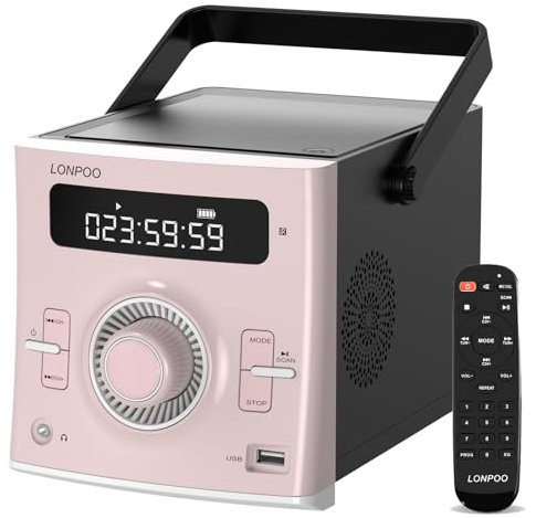 Boombox Lecteur CD Portable | Son stéréo 20 W | Batterie Rechargeable | Bouton d'ouverture Automatique du Couvercle | Bluetooth 5.3/Radio FM/USB/AUX | Micro et Prise Casque | Télécommande (118 Pink)