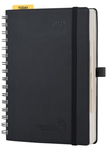 POPRUN Kalender 2025 Tagesplaner Softcover 21,5 x 14,5 cm (Jan.2025-Dez.2025), Tageskalender Ringbuch 1 Tag 1 Seite (Montag - Sonntag) mit PU-Leder, Monatliche Registerkarten - EU-25-W6LEDA5-BK