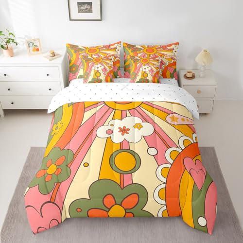 Erosebridal Boho Sun Mädchen-Bettwäsche-Set für Zwillinge, grooviges Blumenmuster, für Doppelbett, 60er-/70er-Jahre, Hippie-Bett in einer Tasche, Gänseblümchen, Kissenbezug, niedlich, bunt, 7-teilig