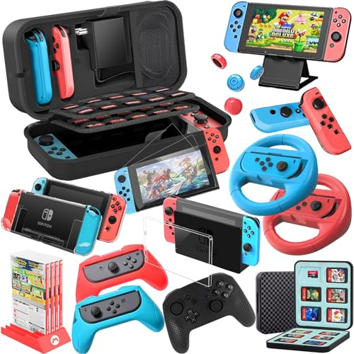 18 in 1 Switch Zubehör Für Nintendo Switch Spiele, Inklusive Gehäuse, Bildschirmschutz, Joycon-Griffe und Räder zur Spielerfahrungsoptimierung.