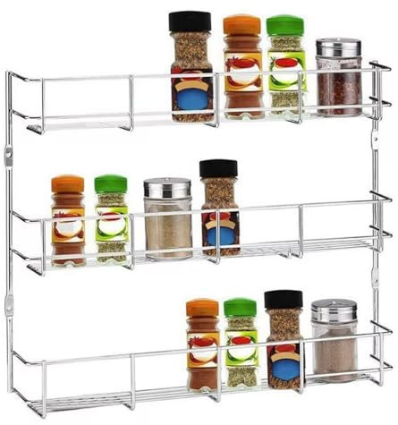 HYGRAD BUILT TO SURVIVE Multifunction Wall Mount Inside Cabinet Cupboard Silver Metal Spice Herb Jar Container Storage Rack Shelf Organiser Kitchen Tidy Home (3 Tier)