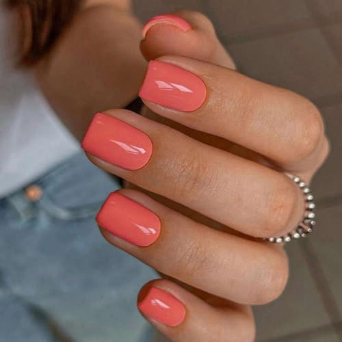 SXVME Orange Press on Nails Short Square Acrylic Short False Nails Coffin Natural Acrylic Fake Nails Set Elegant Solid Color Full Cover Glossy Gel Stick on Nail for Women Daily Wear 24 Pcs