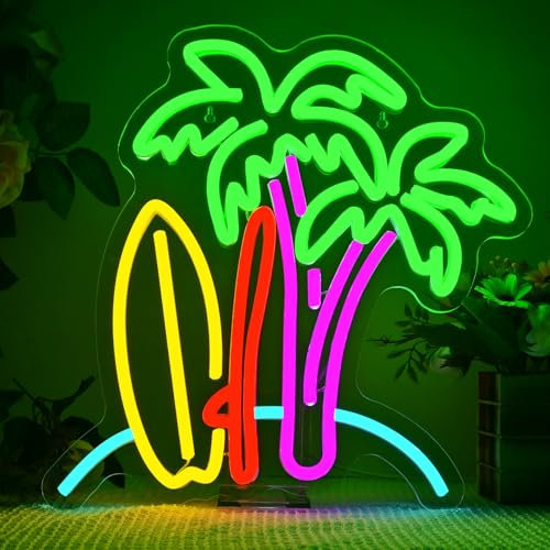 LUCUNSTAR Plage Palmiers Surf Neon Mural,Beach Surfing Palm Neon pour Bar Restaurant Balcon Decoration Murale,Enseigne Lumineuse Party Deco Chambre,Néon pour Chambre à Coucher,Cadeau Femme Homme