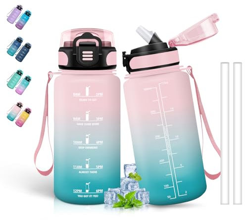 Gourde Enfant, Gourde 500ml, Gourde Graduée pour 1 Journee, Gourde Graduée, Facile à Nettoyer, Gourde Anti Fuite, Gourde Motivation pour Filles, pour l'École, Bureau, Velo, Voyage, Camping, Rose-Vert