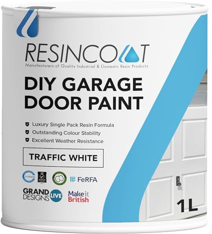 Resincoat Garage Door Paint, Quick Drying Metal Paint, Suitable for UPVC, Metal, Aluminium & Wood, Exterior & Interior, Tough Weather Protection, Rust Resistant, UK Manufactured, 1L (Traffic White)