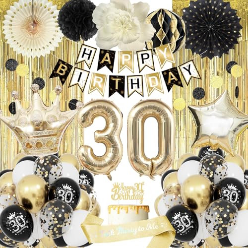 30 Geburtstag Deko, 30. Geburtstag Mann Frauen, Happy Birthday Girlande Ballon Schwarz Gold Deko, Ballon Dekoration für Mann Frauen, 30 Geburtstagdeko Happy Birthday