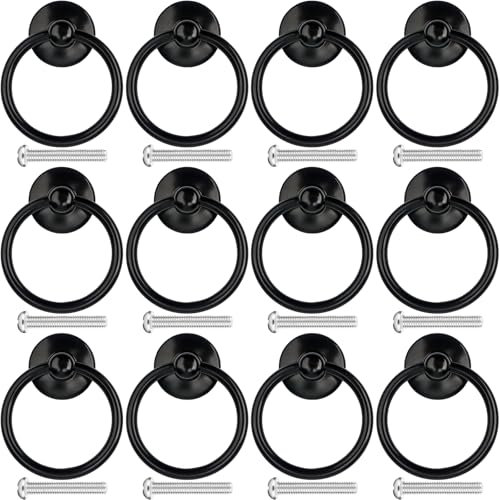 Roellgs 12PCS Vintage Drawer Handles, Retro Ring Drawer Knobs, Kitchen Cabinet Cupboard Door Ring Pull Handles, Antique Style Furniture Pull Handles (Black)