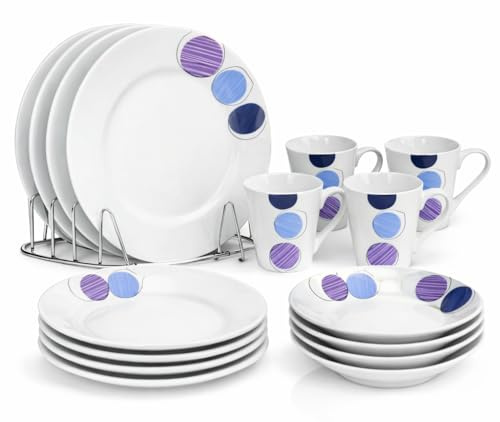 Housetronics 16-Piece Round Porcelain Dinner Set for 4– 4 Dinner Plates and Bowls Set with 4 Side Plates & Mugs, Dishwasher Safe, Highly Resistant Dinnerware, Kitchen & Dining (Blue & Purple Pattern)