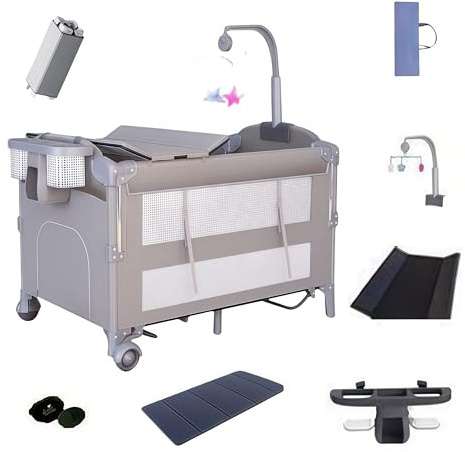 Sianldcone Reisebett Baby mit Wickeltisch, Höhenverstellbar Reisebett Baby mit Matratze, Faltbar und Beweglich Babybett, Bequem und Stabil Beistellbett (6602 Grey Without Net)