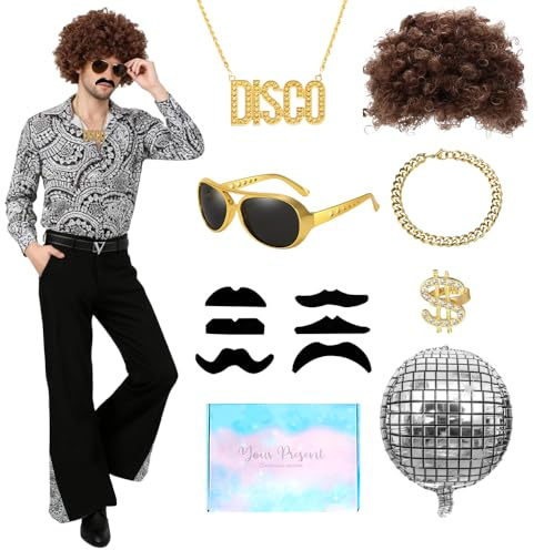 TOSZOLY Disco Outfit Herren, 70er Jahre Outfit Herren, Glitzer Hemd mit Accessoires, Perücke, Brille, 70er Jahre Kleidung für Karneval Kostüms, Halloween Geburtstag Disco Deko Party