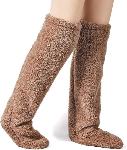 Lonurya Thigh High Fuzzy Socks for Women Long Knee Leg Warmers Slippers Plush Warm Over the Knee (Brown)