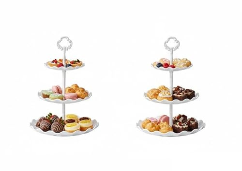 Braozaiw Set of 5 Tiered Cake Stands in PP Material, Includes 2x Round 3 Tier Cake Stands & 3x Square Appetizer Plates, Modern Cupcake Stand and Afternoon Tea Stands for Party Display