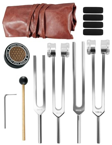 Black Handle Tuning Forks for Healing Set, 128Hz 136.1Hz 256Hz 384Hz, Aluminum Alloy Tuning Fork with Activator and Leather Pouch, Precise Frequency for Meditation & Chakra Balance