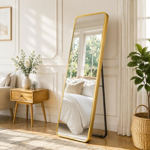 Clevich Standspiegel 162x50 cm, Groß Wandspiegel Ganzkörperspiegel Gold | Mit Rahmen aus Aluminium &Feste Rückwand, Spiegel hängend oder lehnend an die Wand für Schlafzimmer, Wohnzimmer, Runden Ecken