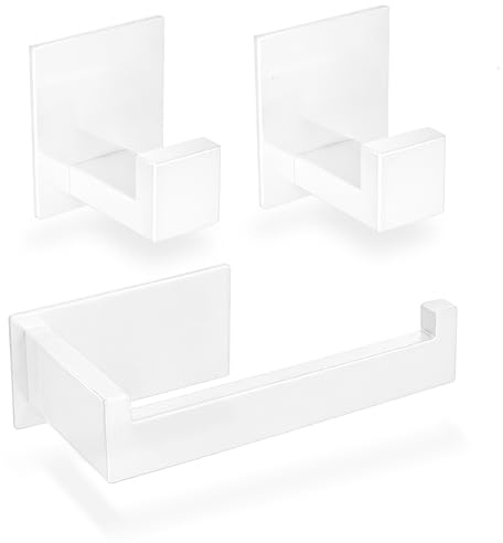 ECENCE Set Porta Asciugamani Adesivi Bianco | 1x Porta Carta Igienica + 2x Ganci, Accessori per Bagno - Acciaio Inossidabile 304