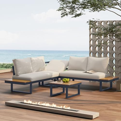 Mrwoo Gartenlounge Set mit Beistelltisch 3-Sitzer, Terrassenmöbel Außen mit Couchtisch, Outdoor Ecksofa-Set aus Verzinktem Eisen, Winkel-Liegefunktion, Starke Witterungsbeständigkeit (Cremefarben)