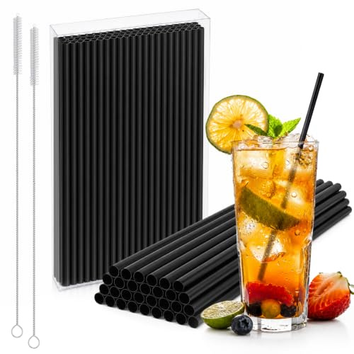 lafo 100 Pack Reusable Straws PP Plastic Straws 26cm 6mm Straight Bendy Drinking Set with Cleaning Brush, Durable Plastic Straw for Cocktails Smoothies Milkshakes Juice (100, Black, Transparent)