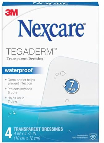 Nexcare Tegaderm Waterproof Transparent Dressing 4″ x 4¾″ – 4 Count Film Bandage for Wound Care, Seals Out Water, Dirt & Germs, Stays on Up to 7 Days