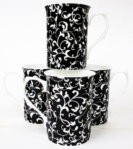 fromeuropewithlove Venetian Black Mugs Set of 4 Fine Bone China Castle Mugs Hand Decorated in UK