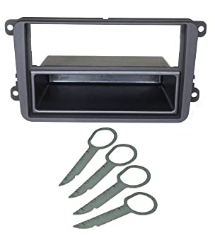 Audioproject A128 - Autoradio Radioblende Einbau Set kompatibel mit VW Golf Polo 5 6 V Touran Passat 3C Caddy Skoda Seat mit Fach Radioblende Entriegelungsbügel 2-DIN 1-DIN