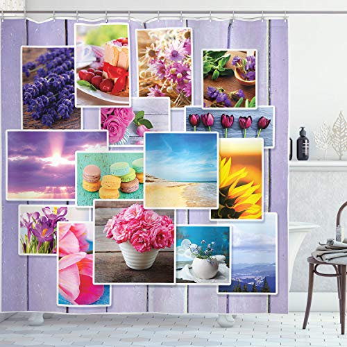 ABAKUHAUS Collage Duschvorhang, Blumen und Makronen, Stoffliches Gewebe Badezimmerdekorationsset mit Haken, 175 x 200 cm, Lila Mehrfarbig