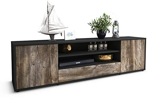 Stil.Zeit TV Schrank Lowboard Claudius, Korpus anthrazit matt, Front Holz-Design Treibholz (180x49x35cm), mit Push-to-Open Technik & Leichtlaufschienen