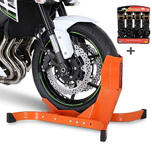 ConStands Easy Plus - Motorradwippe inklusive 4-Fach Spanngurt-Set orange für Anhänger | Zurrschlaufen Radhalter Radklemme
