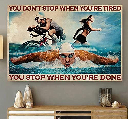 BCTS Triathlon You Stop When You'Re Done Vintage Poster Triathlons Ironman World Triathlon Corporation Swimming Cycling Running Signs Funny Decor Metal Sign 12x16 inch