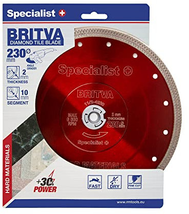 Diamant Trennscheibe 230mm von Specialist+ IExtra Dünn (2 mm) Bohrung 22,2 für Winkelschleifer I Fliesen Scheibe mit Turbo Mesh Ornament für Feinsteinzeug, Porzellan, Verbundstein, Granit, Keramik