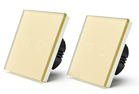 BSEED Interrupteur Tactile 1 Gang 1 Voie Interrupteur Général à Commande Tactile, Interrupteur Mural à Commande Tactile Avec Indicateur LED et Panneau en Verre 110V-240V Or, 2 Paquets