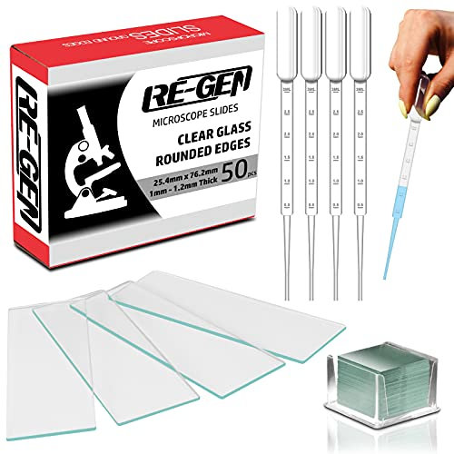 RE-GEN Microscope Testing Kit, 50pcs Round Edge Glass Slides, 100pcs Cover Slips + 50pcs Plastic Transfer Pipettes