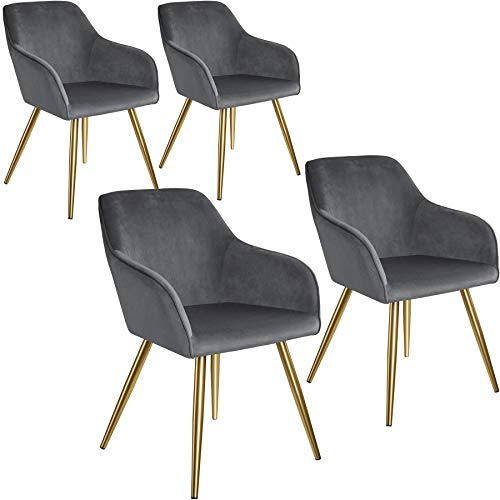 tectake®4er Set Esszimmerstuhl, Sessel bequem mit Armlehne, Polsterstuhl, Samtstoff Cocktailsessel, Loungesessel für Wohnzimmer, Esszimmer, Moderne Küchenstühle, Bürostuhl - dunkelgrau/Gold