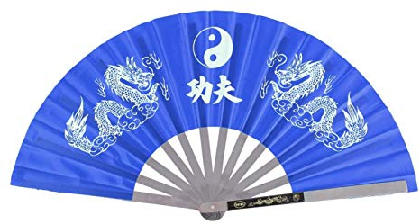 Practice Tai Chi Double Dragon Hand Fan - Chinese Folding Kung Fu Martial Arts Fan for Dance Fighting Festival Wall Decorations (blue)
