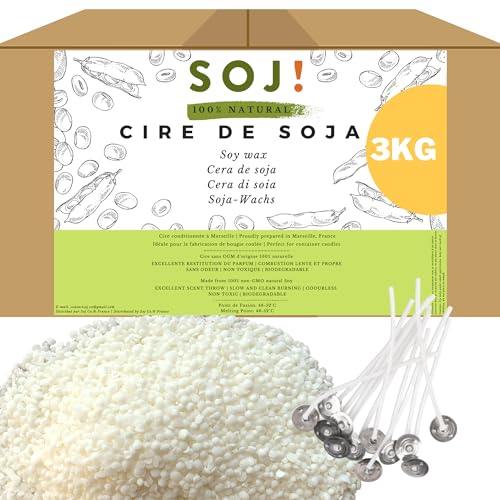 Soj - 30 stoppini gratis - 3KG di cera di soia non OGM - Confezionato in Francia - 100% cera di candela pura e naturale, versamento e riempimento speciali