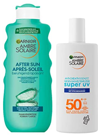 Garnier Sonnenpflege-Set mit Super UV-Sonnenschutzfluid LSF 50+ und After Sun Lotion, Sonnencreme mit hohem Sonnenschutz und kühlende Körpermilch, Ambre Solaire, 2-teilig