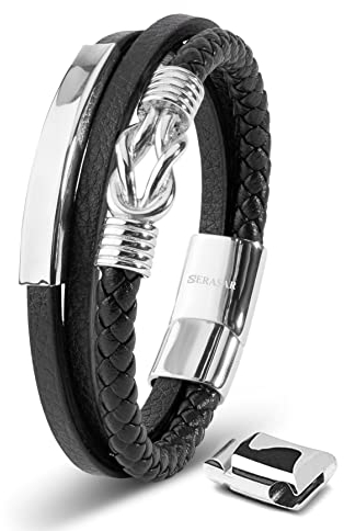 SERASAR Herren Armband 20cm Silber Männer Leder Armreif Lederband Herrenarmreif Armschmuck Schmuck Herrenschmuck Armkette Flecht Wickelarmband Armbändchen Bracelet